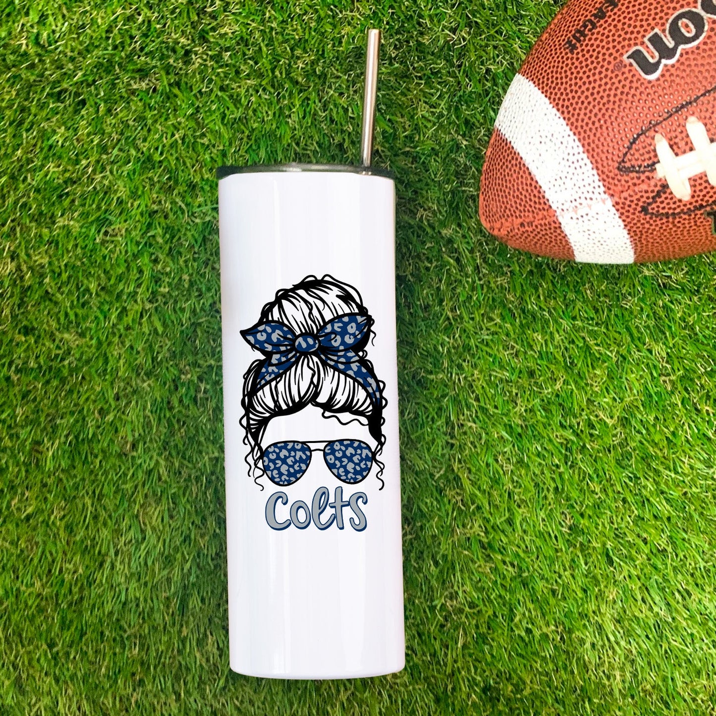 Colts Leopard Messy Bun Skinny Tumbler